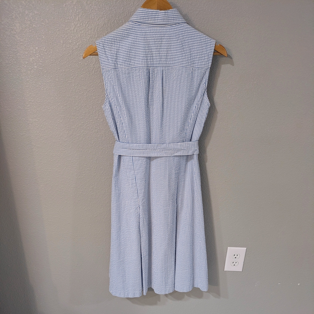 Jones New York Blue and White Striped Sleeveless Midi Shirt Dress with Tie Waist - Picture 5 of 5